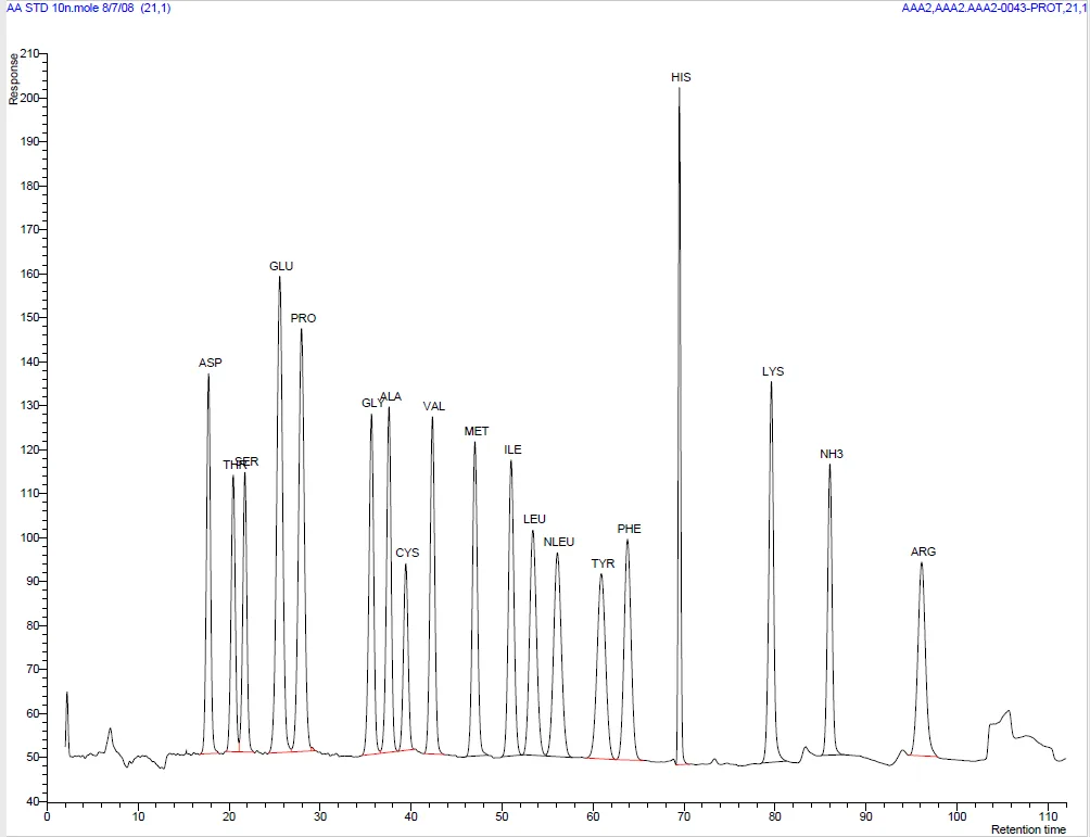 Chromatogram of amino acid standards separated on the protein hydrolysate (sodium) system.