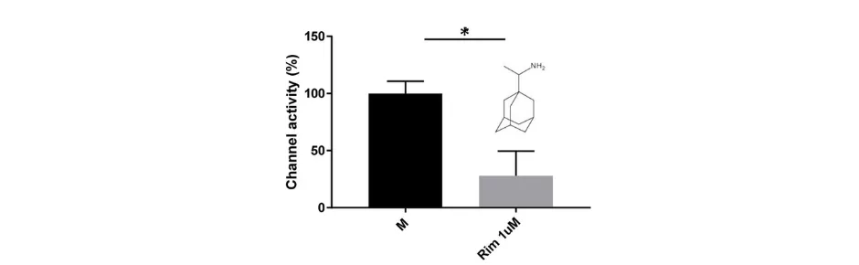 Effect of rimantadine (1μM) upon synthetic peptide M activity.Results are from three biological repeats normalised to 100% activity for solvent control. Error bars show adjusted % error. *p ≤ 0.05, Student’s t-test.